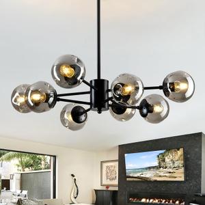 8-Light Sputnik Chandelier Black Mid Century Glass Globe Ceiling Light Fixture Modern Bubble Chandelier for Dining Room Living Room Kitchen Bedroom Farmhouse.