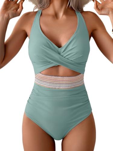 B2prity One Piece Swimsuit for Women Tummy Control V Neck Bathing Suit Color Block High Waisted Cutout Swimwear L 