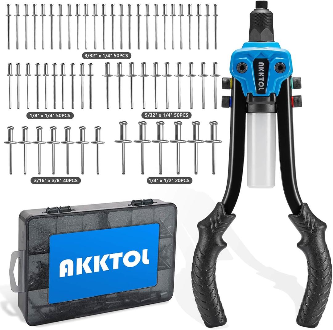 AKKTOL Rivet Gun Kit, 1/4" Pop Rivet Gun Kit with 210pcs Blind Rivets, Heavy Duty 13" Rivet Gun Tool with 5 Nosepieces incl. 3/16" & 1/8" for Metal, Gutter & Automotive (blue)