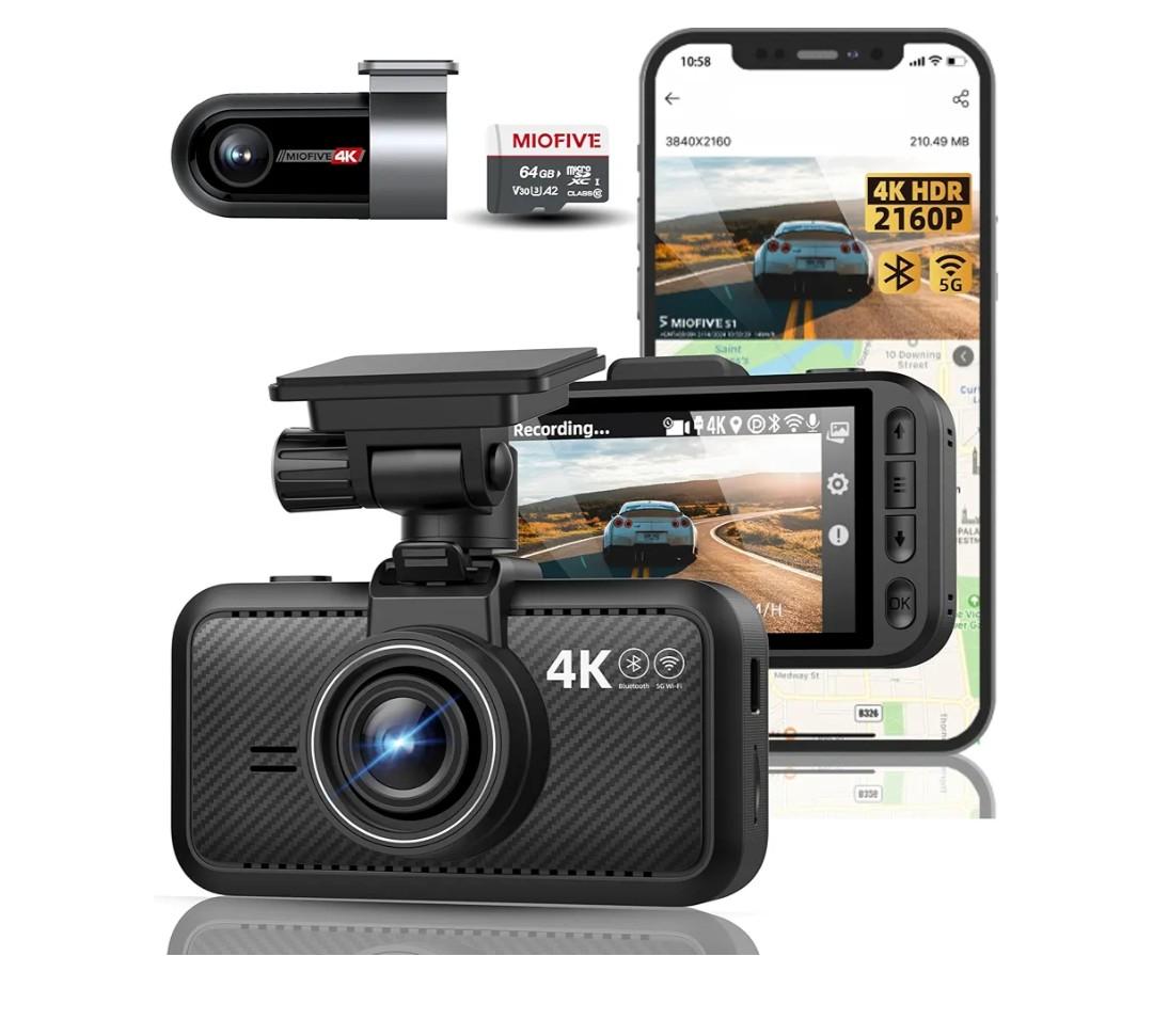 Miofive Dash Cam Car Front Rear 4K+4K WiFi Bluetooth Dash Cam with 64GB SD Card, Dual Car Camera with Parking Monitoring, Super Night Vision, HDR, G-Sensor, Loop Recording, App Control, Max 512GB