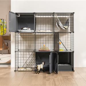 3-Tier Large Cat Enclosure Indoor & Outdoor with Litter Box, Detachable Multifunctional Catio Playpen - DIY Metal Wire Kennel Cage for Cats
