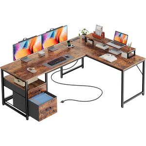 PRAISUN 55 Inch L Shaped Desk with Power Outlets and USB-C Port, Computer Corner Home Office Desk with File Fabric Drawers and Movable Monitor Stand, Larger Storage for Gaming, Study, Rustic Brown