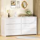 Dresser for Bedroom with 6 Drawers, 51 Inch White Dressers TV Stand for 50, 55, 60 Inch TV, Wood Top and Side, Fabric Drawers, Storage, Dresser for Closet, Living Room, Hallway, Entryway