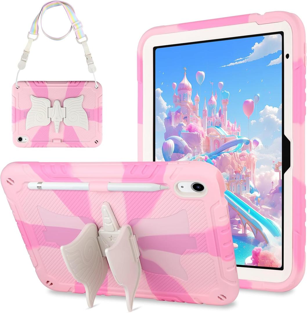 ATESSON for iPad 10th/11th Generation Case for kids Girls for iPad A16 Case 2025 11 inch with Pencil Holder Kickstand Shoulder Strap Heavy Duty Protective Cover for the iPad 10th Gen 10.9'' /11th Pink