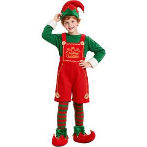 Kids Christmas Elf Costume Set Girls Holiday Elf Dress with Elf Hat Shoes Socks (3-5 Years, Red)