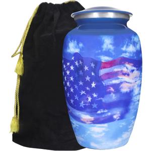 M MEILINXU Urn for Ashes Adult Male or Woman, Cremation Urns for Human Ashes Adult Man & Female, Funeral Decorative or Burial, Blue Sky and White Clouds, Patriotic Flag, Veteran Urn - Large Full Size