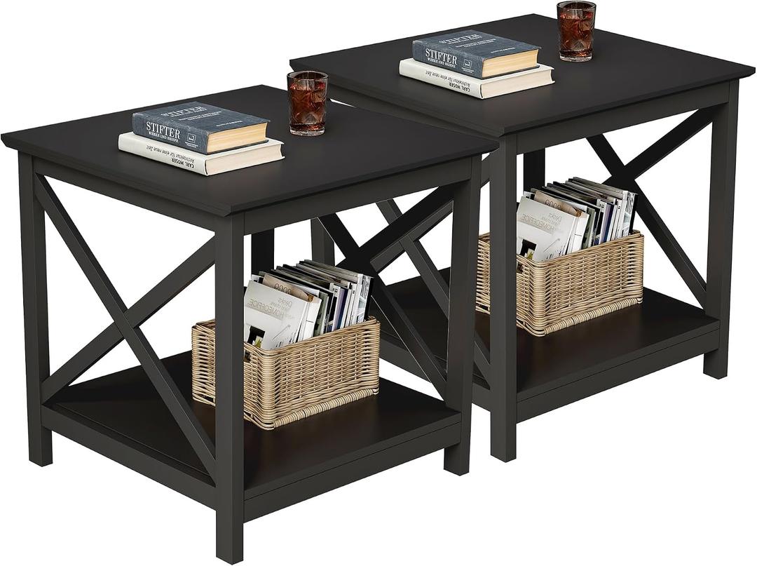 ChooChoo End Tables Set of 2, 24 Inch End Table with 2-Tier Storage Shelf, 23.62"D x 23.62"W x 23.62"H