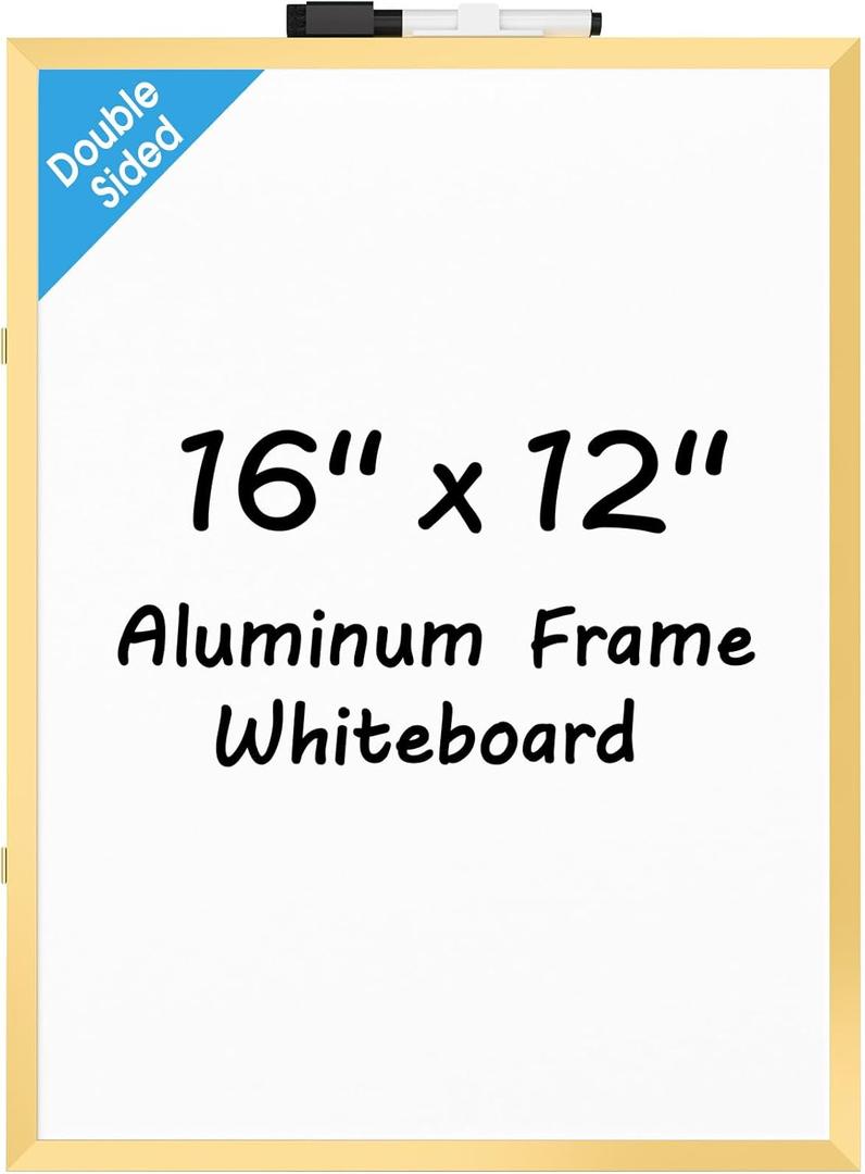 MaxGear Dry Erase Board for Wall, Gold Aluminum Frame, 16" x 12" Small Hanging White Board with a Black Marker, Portable Small Double Sided Whiteboard for Planning, Drawing, Memo, to Do List