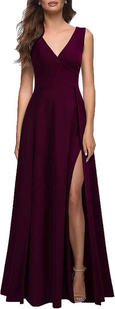 MUSHARE Women's V Neck Sleeveless Split Formal Dress Cocktail Party Prom Long Dresses (Red, XL)