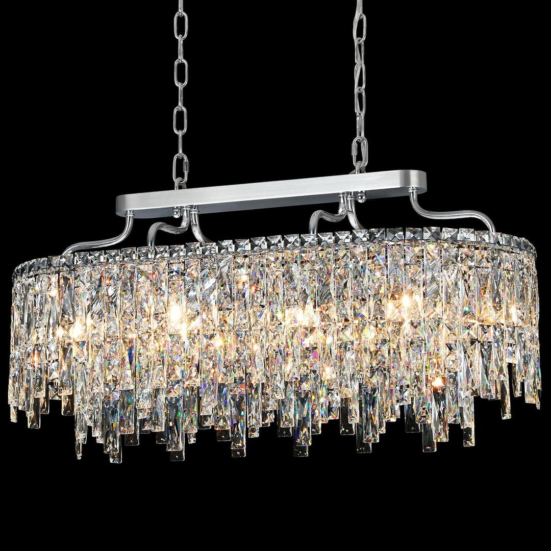 10 Light Crystal Chandelier | Chrome Oval-Shaped Crystal Chandeliers for Dining Room Light Fixture, 32" Modern Ceiling Lighting Fixture for Dining Room Kitchen Island Bar