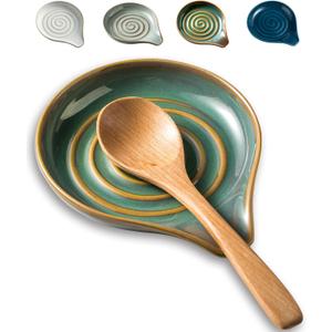 LAUCHUH Spoon Rest for Kitchen Counter,5" Spoon Holder for Kitchen Counter Stove Top Ceramic Spatula Holder for Mother's Day, Ladle, Spatula, Spoons or Tongs, Unique Green