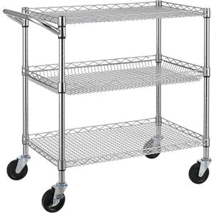 Finnhomy 3 Tier Heavy Duty Commercial Grade Utility Cart, Wire Rolling Cart with Handle Bar, Steel Service Cart with Wheels, Kitchen Carts on Wheels, Metal Cart Shelf Size 24" D x 36" W, NSF, Chrome
