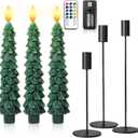 Honoson 3 Sets Flameless Christmas Tree Taper Candles with Holders Remote Control, LED Taper Candles Battery Operated Flickering Candlesticks for Holiday Window Fireplace Decor (Black)