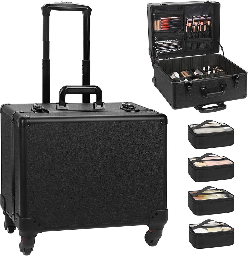 Relavel Rolling Makeup Case Cosmetology Case on Wheels Professional Extra Large Travel Train Case for Makeup Artists, Trolley Suitcase for Cosmetic Nair Art Salon Storage Organizer with 6 Clear Bags