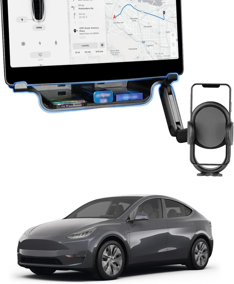 Shademax Under Screen Storage Tray with Phone Holder for Tesla Model 3/Model Y 2025 2024 2023 2022 2021 Center Console Organizer Storage Box Waterproof ABS Model 3 / Y Accessories Black 1PCS