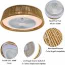 21.5" Boho Caged Ceiling Fan with Lights Farmhouse Rattan Flush Mount Fandlier Light Hanwoven Paper Rope Fan Chandelier with Remote Reversible for Bedroom Dining Study Living Room Kitchen Entry