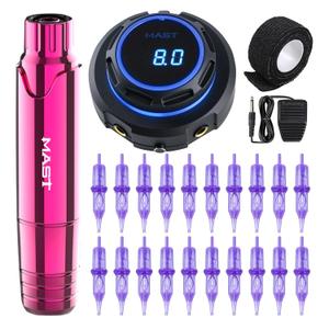 Mast Tattoo P10 Tattoo Gun Cartridge Tattoo Machine Kit Rotary Pen with Digital Power Supply 20Pcs Pro Needle Cartridges for Fine Line Work