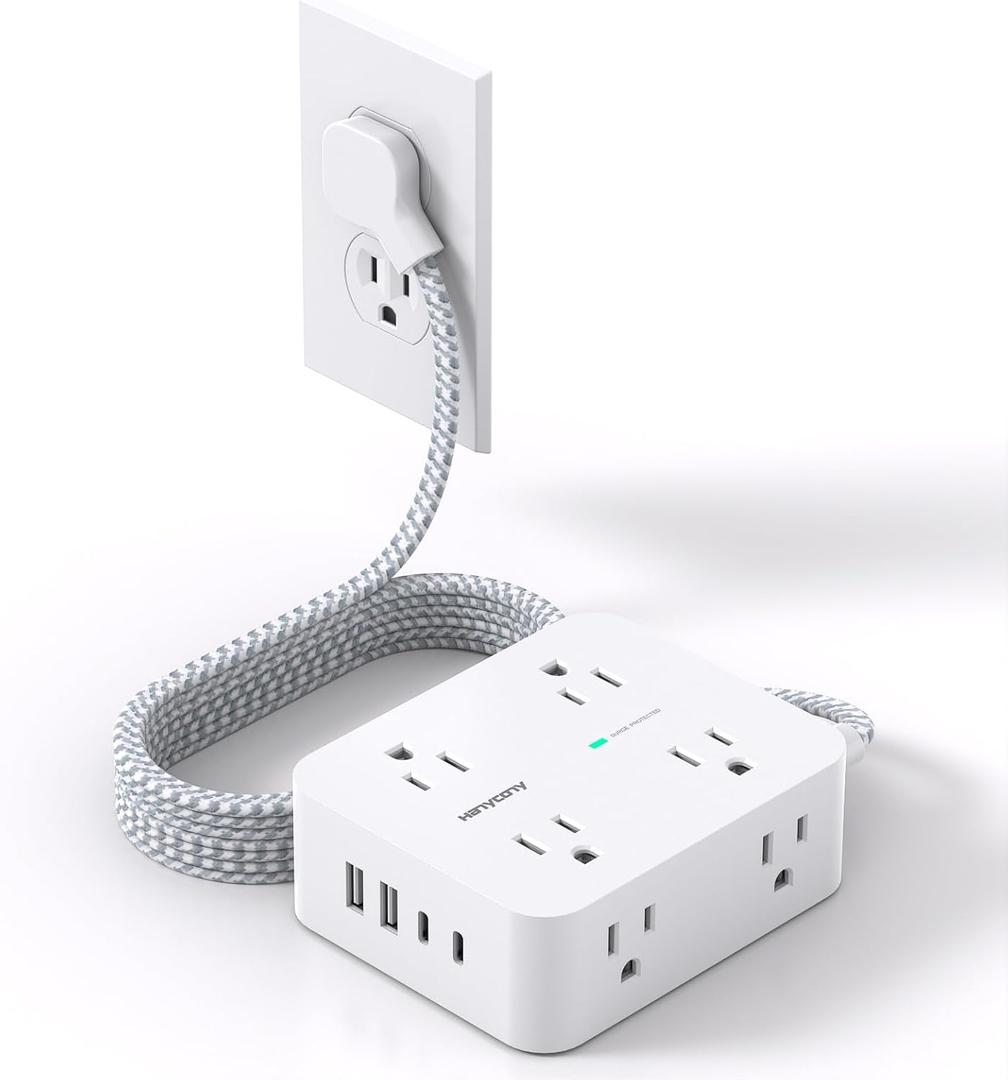 Flat Plug Extension Cord with Multiple Outlets, HANYCONY 1080J Surge Protector Power Strip with 8 AC Outlets 4 USB Ports (2 USB-C), 3-Sided Outlet Extender Ideal for Home Office Dorm Room Essentials (5Ft)