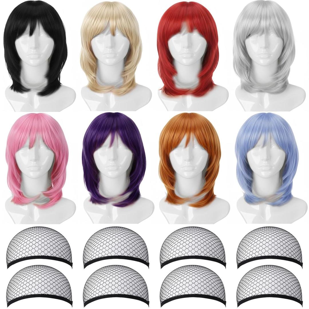 8 Pcs 14 Inch/35 cm Colorful Party Wigs Short, Holiday Anime Cosplay Halloween Costume Wig, Wolf Tail Side Bangs, Temperature Fiber Hairpieces for Halloween Bachelorette Party Daily Use