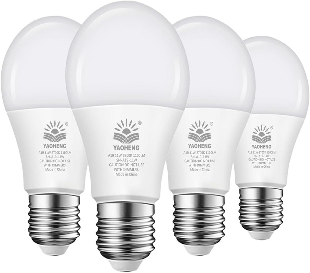 A19 LED Light Bulb 75 Watt Equivalent, 11 Watt Light Bulbs, 2700K Warm White, 1100 Lumens, Non-Dimmable, E26 Base Lightbulbs, Standard LED Bulbs for Home, ETL Listed(4-Pack)