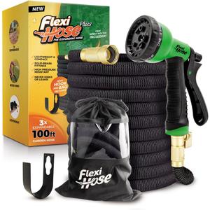Flexi Hose PLUS with 8 Function Nozzle Expandable Garden Hose, Lightweight & No-Kink Flexible Garden Hose, 3/4 inch Solid Brass Fittings and Double Latex Core, 100 ft Black