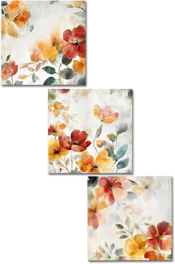 DuoBaorom Floral Canvas Wall Art Red Orange Vintage Wildflower Painting Set of 3 Pieces Flower Bedroom Decor 12 x12 inches, 12 X 12 Inches x3 Pieces