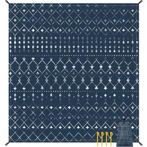 Waterproof Beach Blanket, Moroccan Blythe Navy Geometry Sand Free Beach Mat, Large 78''86'' Foldable Beach Blanket for 1-4 Adults with Stakes, Beach Essential Accessory Must Haves (6.6x7.2 FT (1-4 Person))
