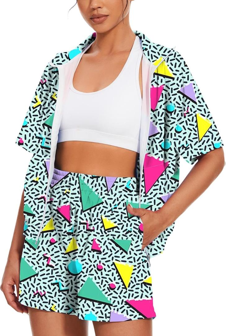 UOUA Women's 80s Color Block Outfits 2 Piece Tracksuit 90s Party Costume Summer Zip Up Windbreaker & Short Sets (Large)