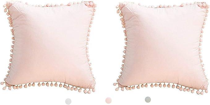 Pom Poms Fringe Cotton Throw Pillow Covers Shabby Pink 18X18 inches(45x45 CM) Pack of 2 (Not Include Insert)