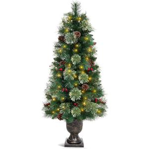 Decoway 4ft Christmas Tree Pre-lit Artificial Trees for Entrances with Gold Pot Base, Flocked Snow 70 Warm White Led Lights, For Entrance, Home Decorations Holiday Decor