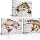 KREATIVE ARTS Marine Life Canvas Wall Art - 12x16 Inch Set of 3, Featuring Largemouth Bass, Rainbow Trout, Northern Pike - Modern Abstract Fish Paintings for Living Room, Bedroom, Bathroom Decor