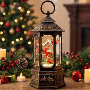 Christmas Snow Globe Lantern Water Glittering 11.6'' Cardinal & Birdhouse with Music & Timer, USB Lined/Battery Operated Lighted Lantern for Christmas Festival Decoration Gifts