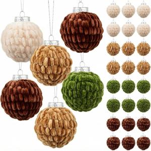Suncalla 24 Pcs Neutral Christmas Crochet Ball Ornaments 70mm/ 2.76 Inch Earthy Tones & Festive Colors for Xmas Tree Rustic Party Wreath Home Decor