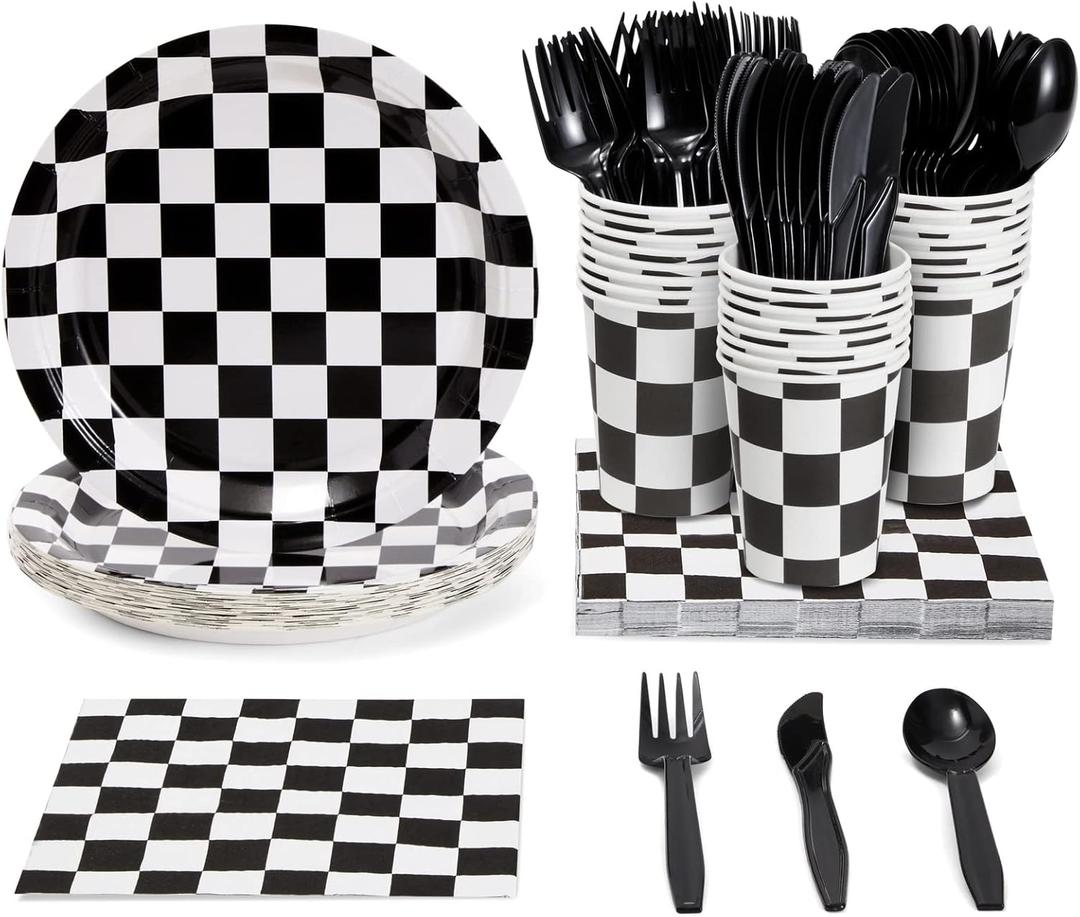 144 Piece Race Car Birthday Party Supplies, Serves 24 Guests Disposable Checkered Flag Plates, Cocktail Napkins, Cups, Cutlery, Bulk Pack Tableware for Party Decorations