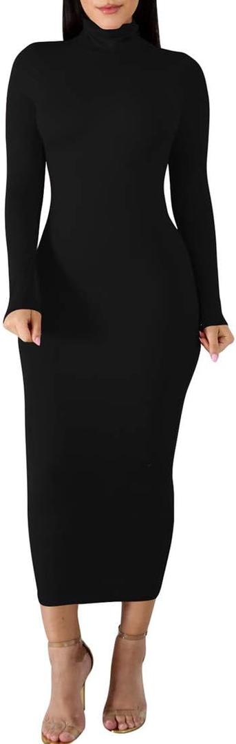 BORIFLORS Women's Sexy Basic Long Sleeve Turtleneck Bodycon Party Long Pencil Dress (Black, S)