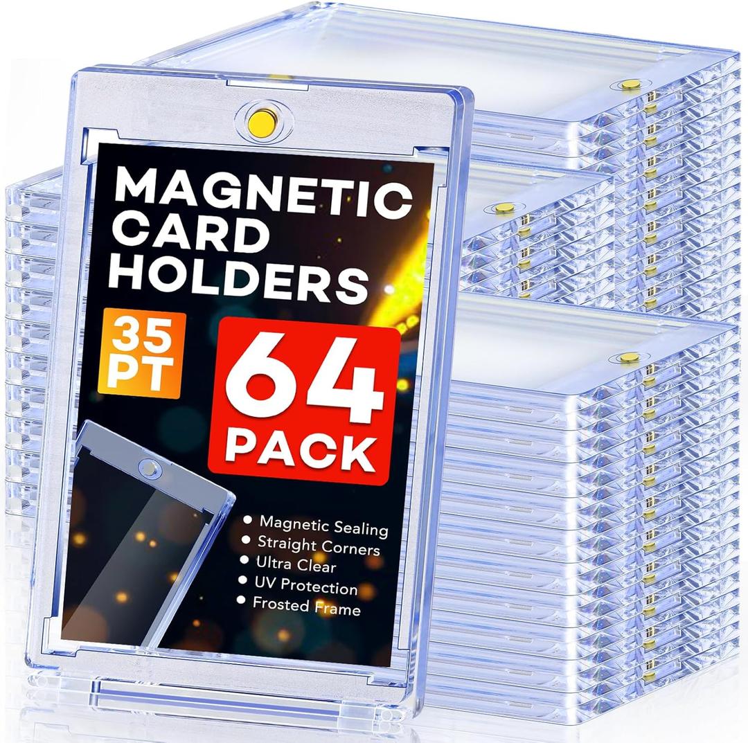 ZENOWICK 64ct Magnetic Card Holders, 35pt One Touch Card Holder, U-V Protection Hard Plastic Case for Trading Cards, Display Case for Sports, Baseball, Football, Game Cards