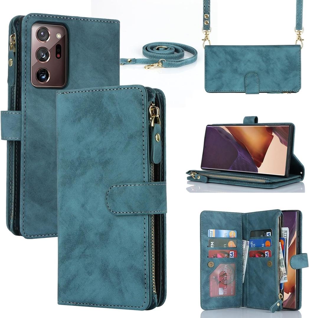iCoverCase for Samsung Galaxy Note 20 Ultra Wallet Case with Card Holder for Women, Crossbody Lanyard Strap Kickstand PU Leather Case with Zipper Pocket Credit Card Slots Cover (Blue)