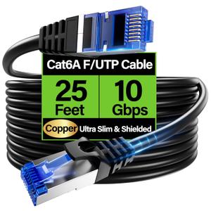 Cat6A Ethernet Cable Shielded 10Gbps 25 ft, Slim Shielded (F/UTP) Ethernet Cable Cat 6, Flexible 28AWG Bare Copper Cat6 Cable, Space-Saving Cat 6a Network Cable for Server, Data Center, Black