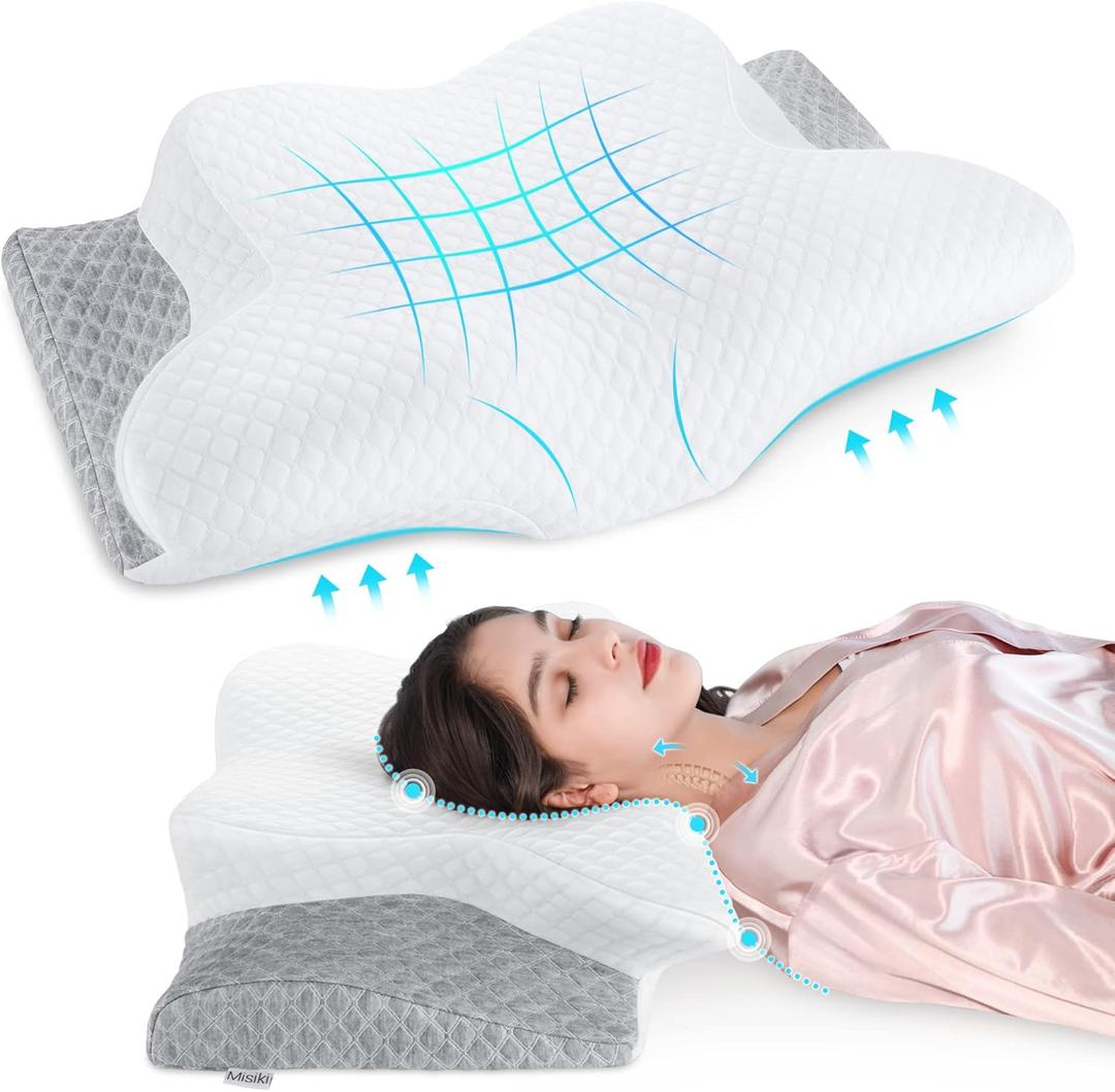 Misiki Cervical Memory Foam Pillow, Orthopedic Pillow Contour Pillow for Neck Pain, Cervical Ergonomic Pillow for Side Sleepers, Back and Stomach Sleep (Medium, Cotton)