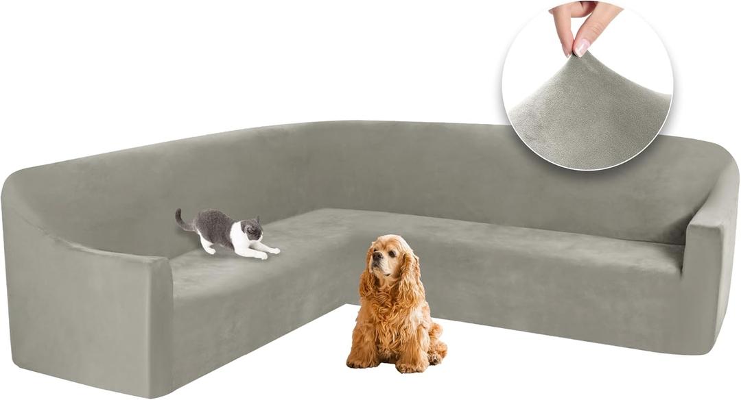ALIECOM L Shape Couch Covers Velvet Stretch Sectional Corner Sofa Cover Washable Soft Thick U Shaped Sofa Slipcovers for Dogs Pets Magic Furniture Protector with Non Slip Foam (Khaki, X-Large)