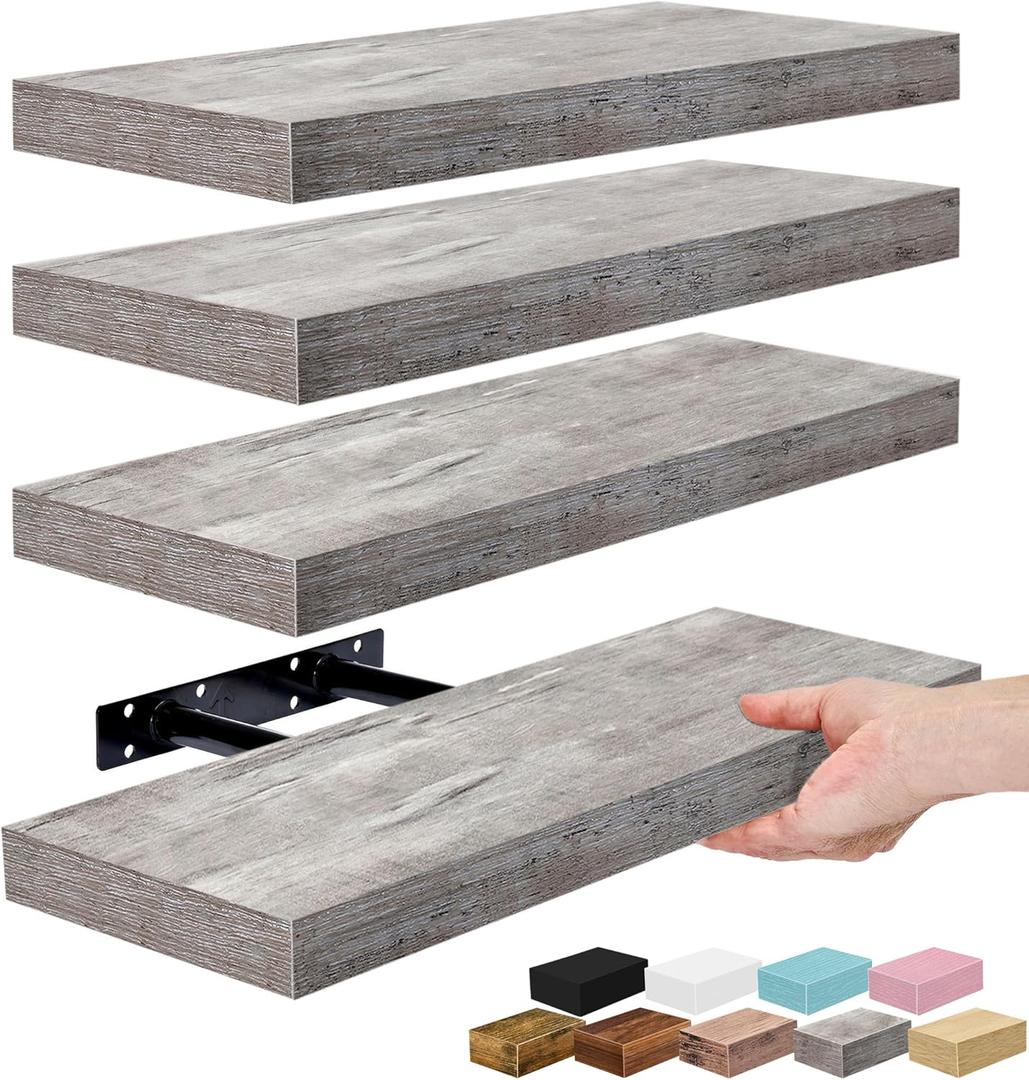 Sorbus Floating Shelves for Wall – 16 Inch Floating Shelf for Kitchen, Bedroom, Living Room, Bathroom, Home & Wall Decor - Mounted Bathroom Shelves with Invisible Brackets (Grey, 4 Pack)