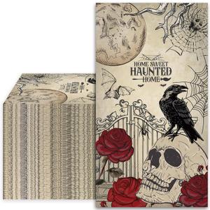 Halloween Guest Napkins Skull Crow Rose 3 Ply Disposable Paper Napkins Vintage Gothic Dinner Guest Hand Towel Napkins for Party Table Decor, 50Pcs