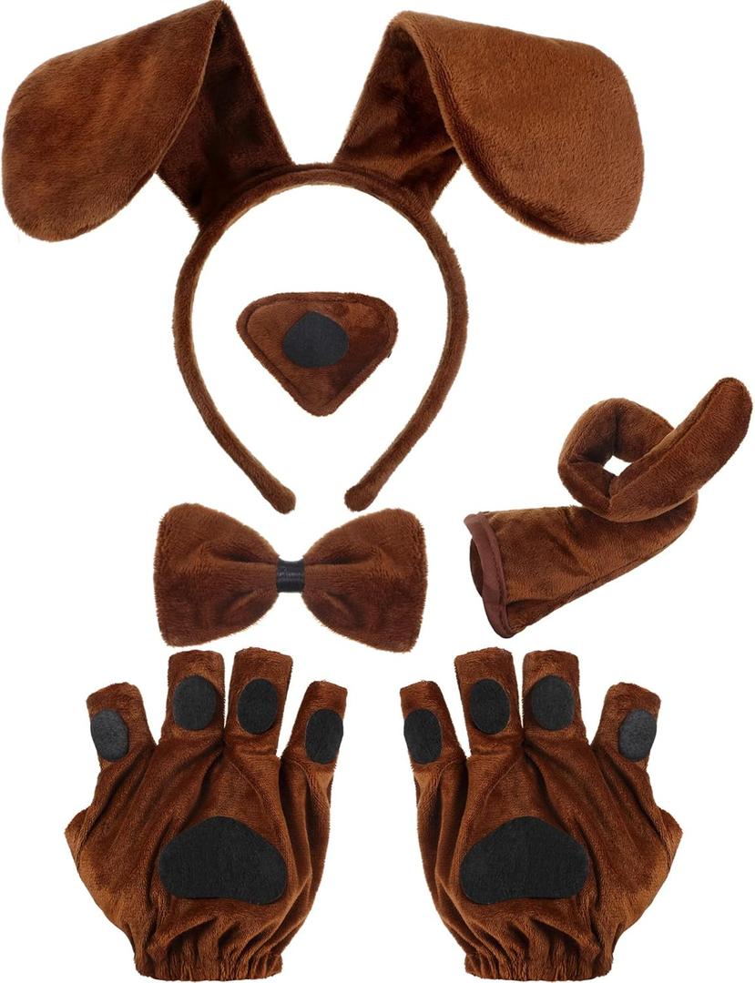 Syhood Puppy Dog Costume Set Ears Headband Bowtie Nose Tail Paw Gloves Accessories for Carnival(Brown,Classic)
