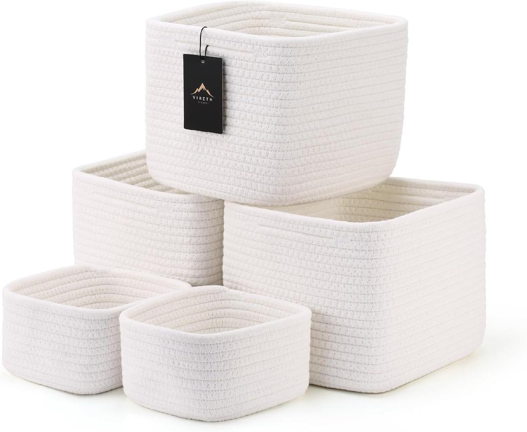 5-Pack Storage Cubes Woven Rope Baskets - 2 Sizes Organizer Bins for Closet, Shelf, Bookshelf, Nursery, Changing Table, Cube Storage Bins, Storage Baskets for Bathroom Toy & Home