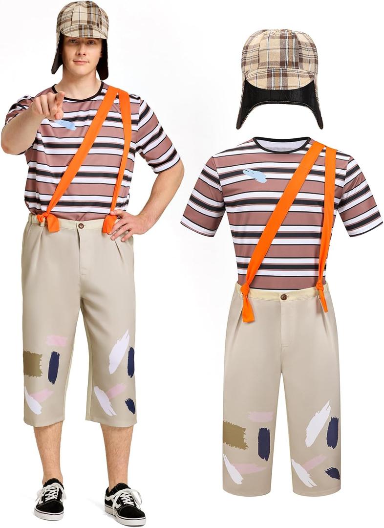 Mexican TV Cosplay Costume for Adult Men, Patchwork Overalls Suit Set with Striped T-shirt Hat for Halloween Party Outfit