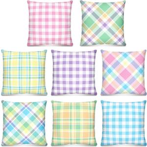 8 Pcs Easter Buffalo Check Plaid Pillow Covers 18x18 Pastel Mix Color Pillows Cases Easter Outdoor Cushion Covers Linen Square Decorative Cushion Cases with Hidden Zipper for Couch Sofa Farmhouse
