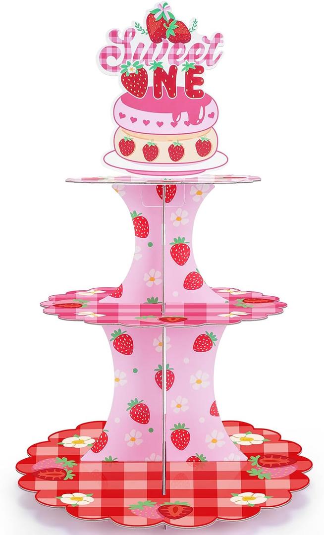 Strawberry Cupcake Stand Decorations - Berry First Birthday Table Decor 3 Tier Cake Dessert Paper Tower Pastry Holder Shortcake Tiered Topper for Baby Girl Sweet One Year Old Party Supplies