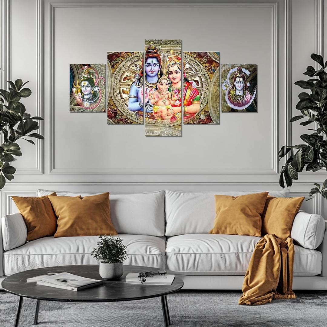 Hindu Decorations for Wall - Shiva Wall Art Ganesha Painting (60''Wx32''H) Shiva Parvati Family Canvas Print Religion Picture Framed - Home Living Room Bedroom Decor (Artwork-29)