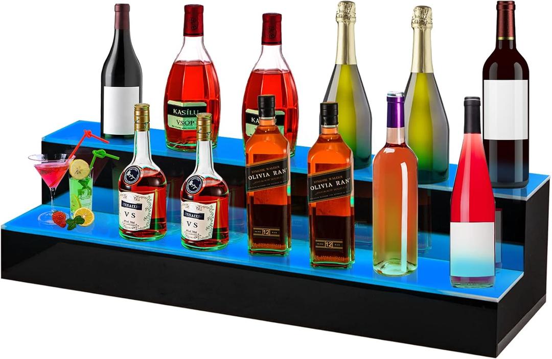 VEVOR LED Lighted Liquor Bottle Display Shelf, 2-Step 40-inch LED Bar Shelves for Liquor, Illuminated Home Bar Shelf with RF Remote & App Control 7 Static Colors 1-4 H Timing, Acrylic Lighted Shelf for 20 Bottles