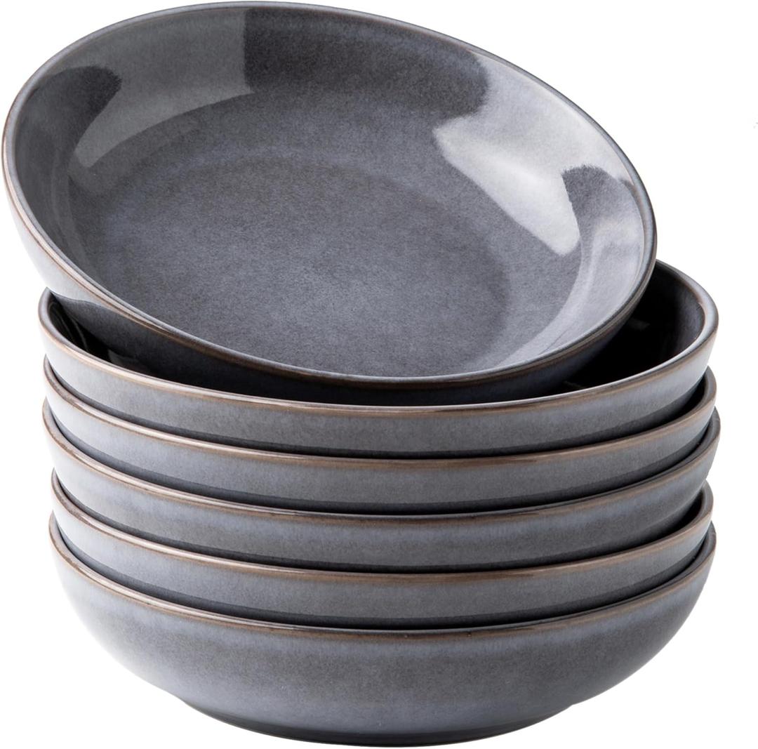 AmorArc 8.5'' Large Pasta Bowls, 36oz Stoneware Pasta Serving Bowls Set of 6 for Kitchen, Wide Bowls for Pasta, Salad, Fruit, Oatmeal, Microwave Safe, Reactive Glaze Gray